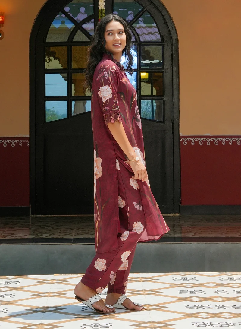Qissa  Women's Burgundy Red Bloomera Imprint Kurta Set For Casual Wear | Spread Collar | Quarter Regular Sleeves | 2 Piece Kurta Set Designed With Comfort Fit For Everyday Ethnic Wear for Women | Best Price UAE